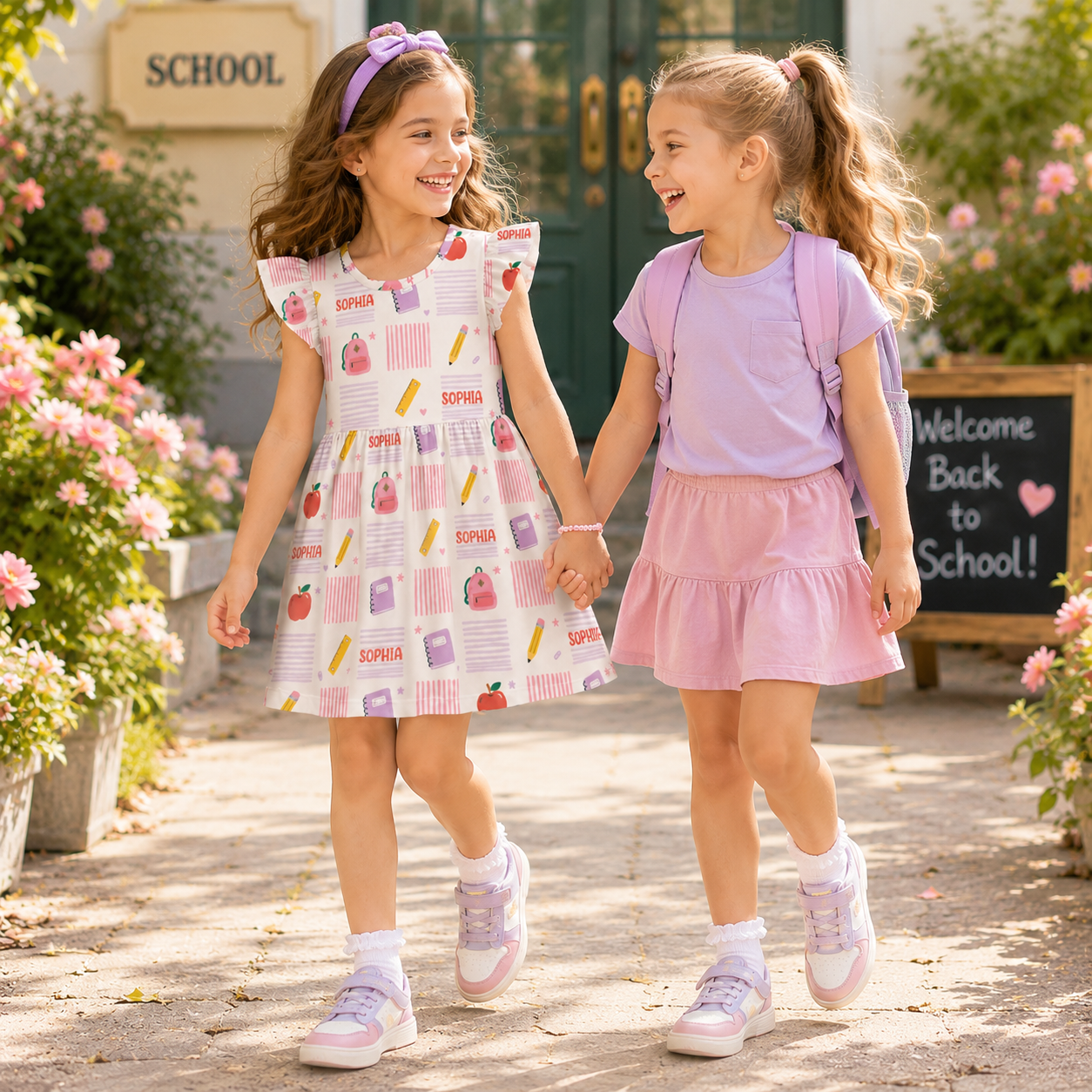 Personalized Cute Back To School Icons Pencils Crayons Glue Backpack Apples Books Pastel Classroom Print Coquette Ruffle Dress