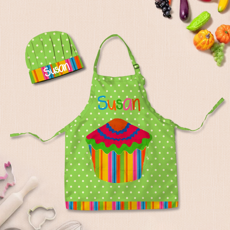 Personalized Colorful Polka Dot Cake Adjustable Kid Apron Chef Hat Set with Pocket and Name for Cooking Baking Birthday Holiday Gift for Kids