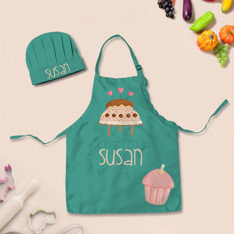 Personalized Checkered Cake Adjustable Kid Apron Chef Hat Set with Pocket and Name for Cooking Baking Birthday Holiday Gift for Kids