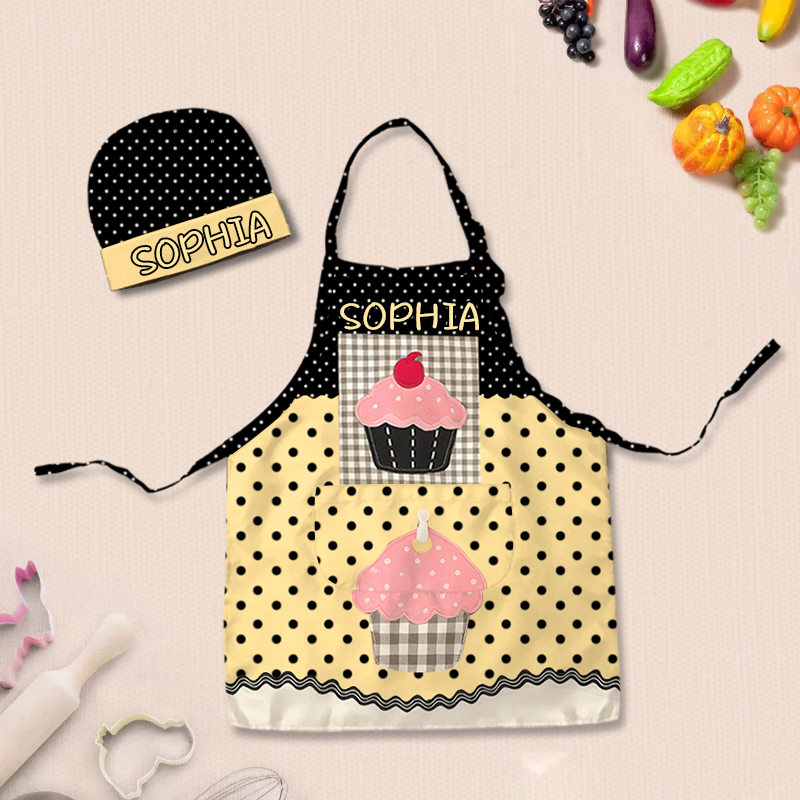 Personalized Polka Dot Color Block Cake Adjustable Kid Apron Chef Hat Set with Pocket and Name for Cooking Baking Birthday Holiday Gift for Kids