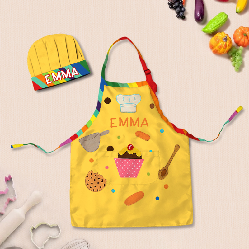 Personalized Cooking Elements Adjustable Kid Apron Chef Hat Set with Pocket and Name for Cooking Baking Birthday Holiday Gift for Kids