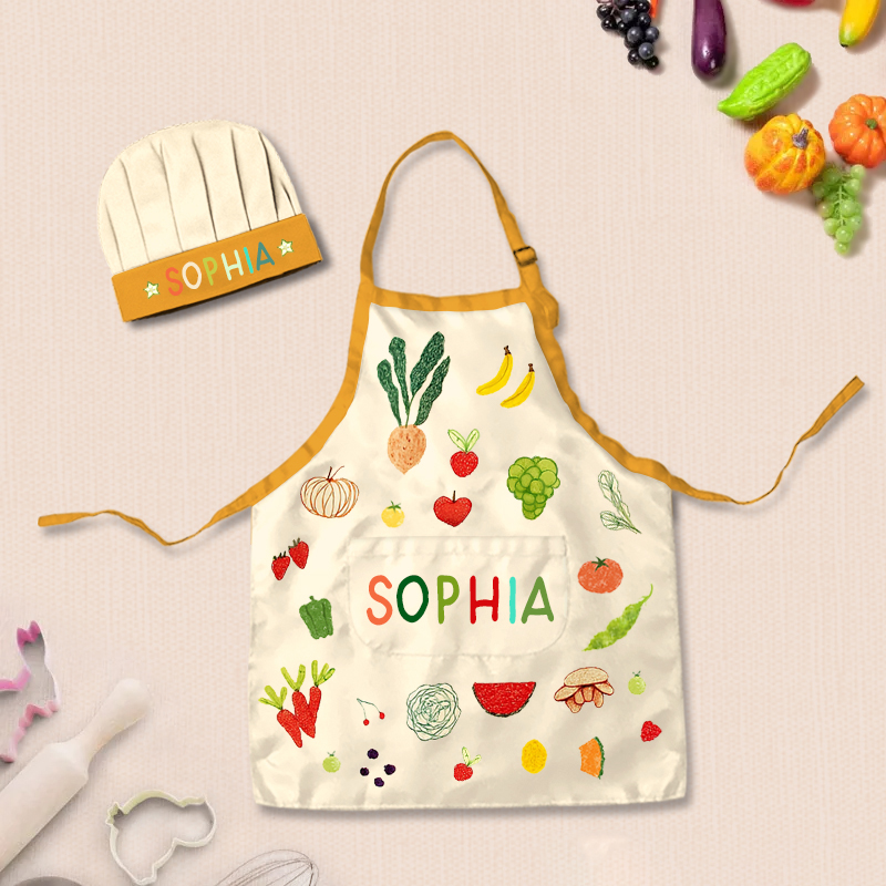 Personalized Hand Drawn Fruits Vegetables Adjustable Kid Apron Chef Hat Set with Pocket and Name for Cooking Baking Birthday Holiday Gift for Kids