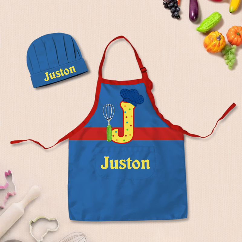 Personalized Letter Remix Color Block Adjustable Kid Apron Chef Hat Set with Pocket and Name for Cooking Baking Birthday Holiday Gift for Kids