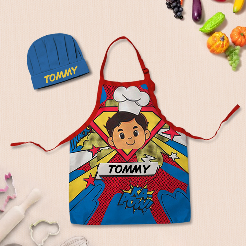 Personalized Comic Style Adjustable Apron Chef Hat Set with Pocket and Name for Cooking Birthday Holiday Gift for Kids