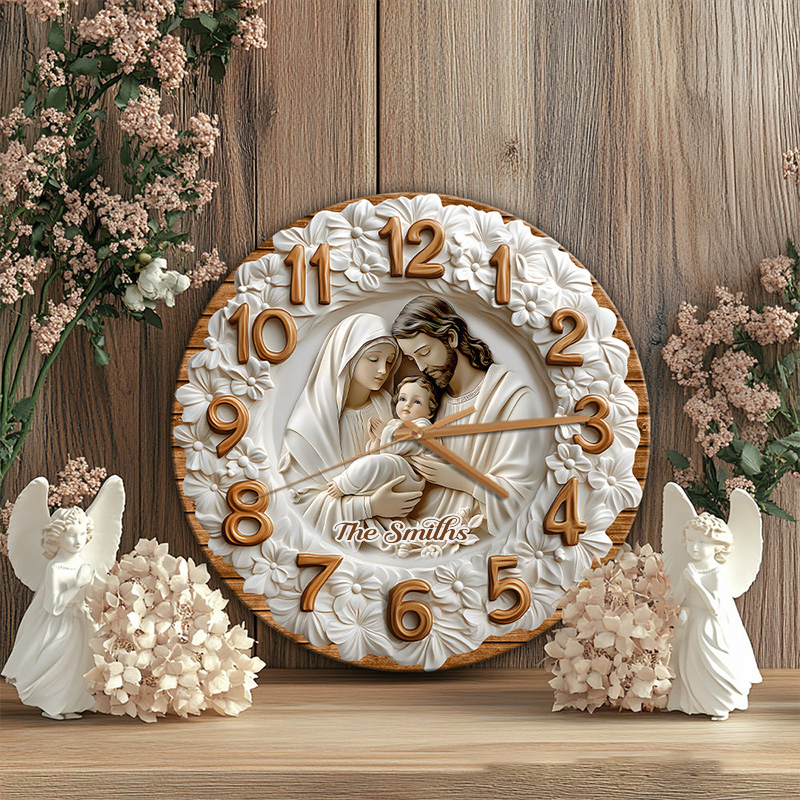 Personalized the Holy Family Wall Clock with Custom Family Name Graphic 3D Printed Wall Clock Home Decor Religious Gift for Christians