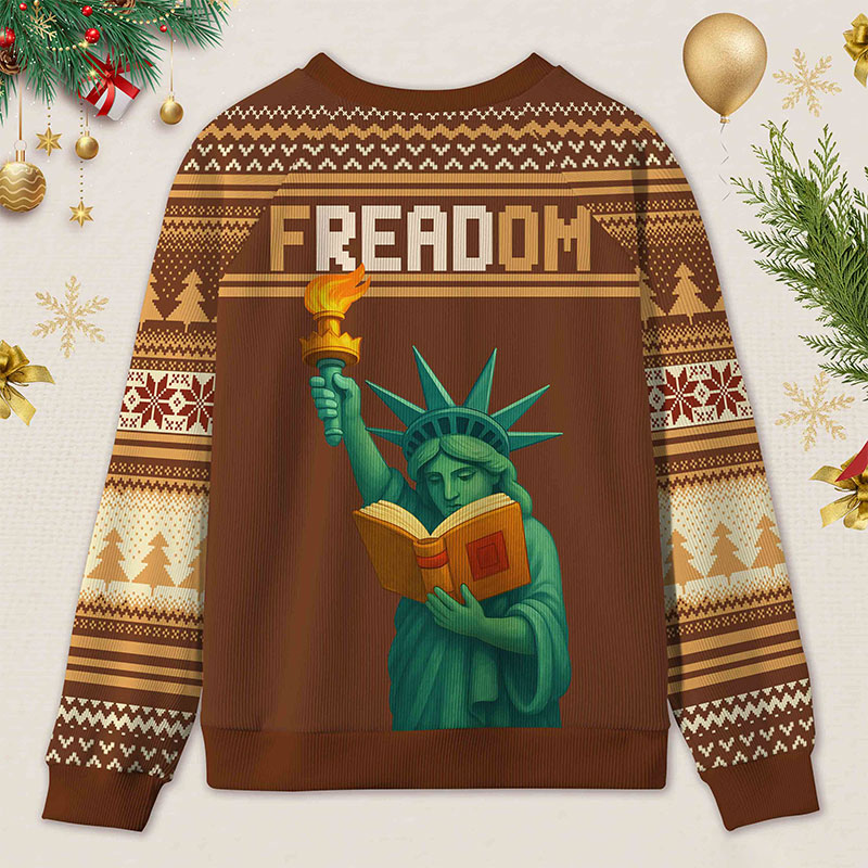 Personalized Reading Freedom Statue Fun Ugly Sweater Holiday Gift for Book Lovers