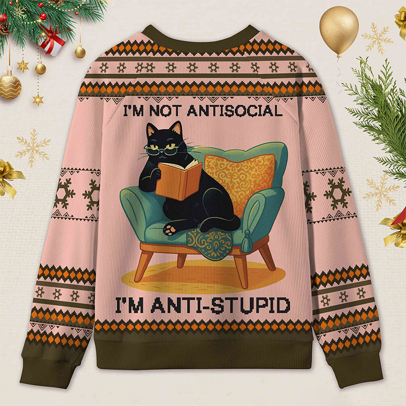 Personalized Wise Bookish Cat Reading Ugly Sweater Holiday Gift for Book Lovers