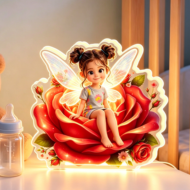 Personalized Birth Fairy Girl Sitting On Glowing Lotus Flower Wings Pastel Garden Magic Fantasy Kids Bedroom Night Light