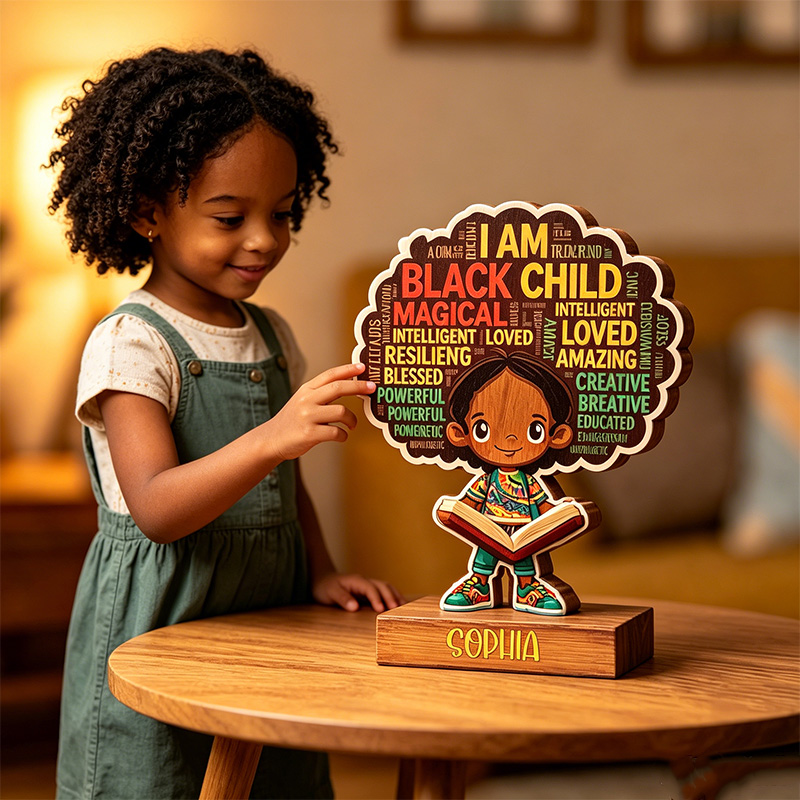 Personalized Wooden Affirmation Stand Reading Book Block with Name Decor for Kids with Positive Word Art Birthday Gift for African American Boys/Girls