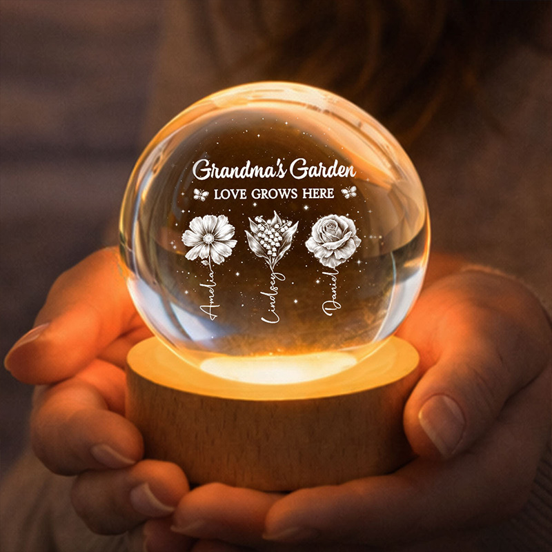Personalized Grandma's Garden 3D Effect Birth Month Flowers Crystal Ball LED Night Light Birthday Mother's Day Gift for Grandma