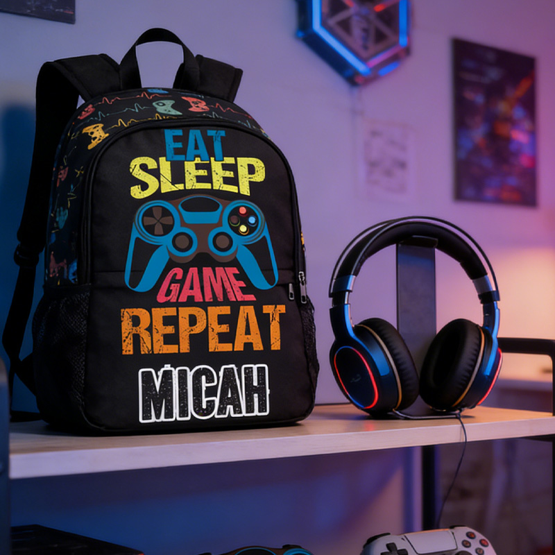 Personalized Eat Sleep Game Repeat Gaming Backpack For Gamer Boys Geek Lover