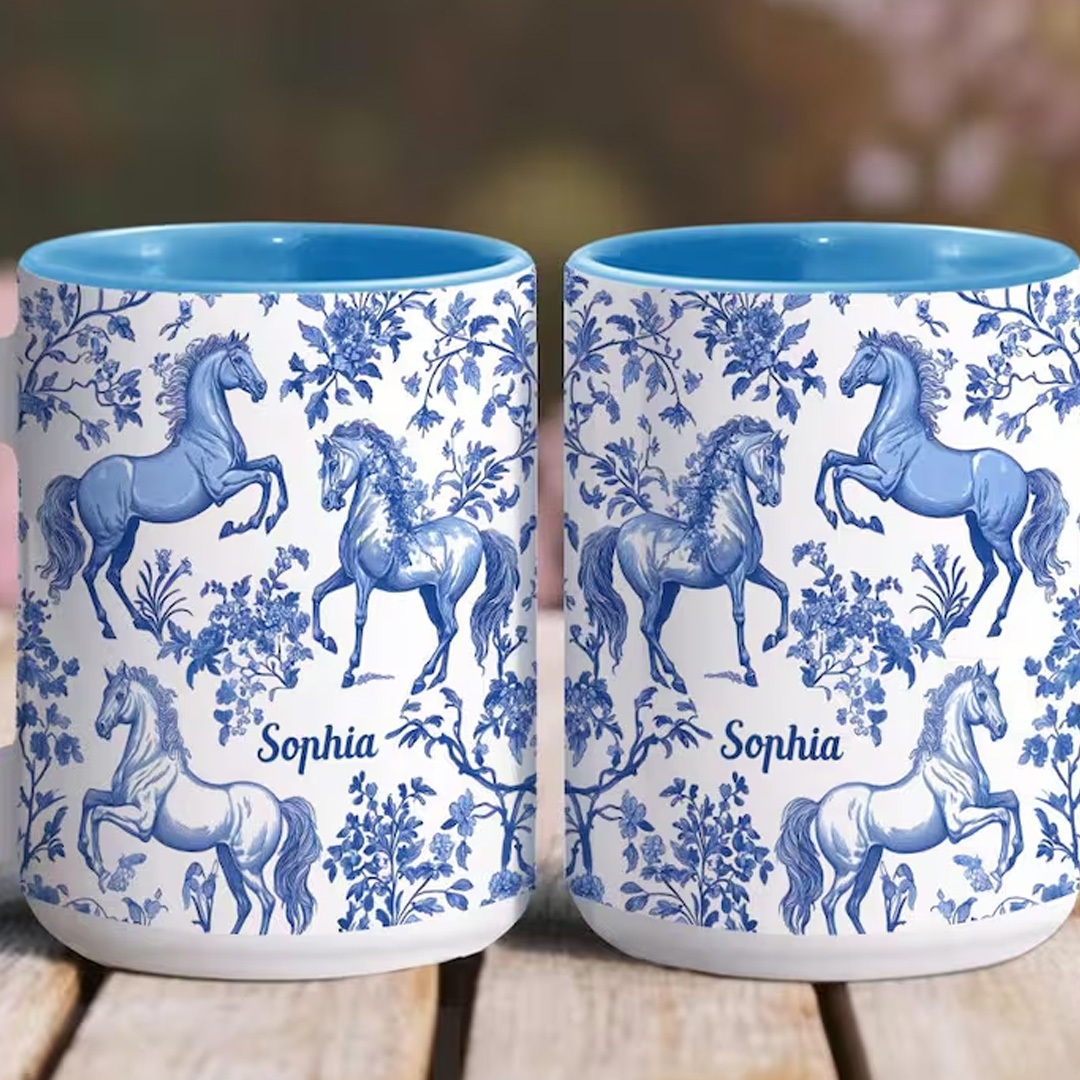Personalized Multicolor Equestrianism Pattern Ceramic Coffee Mug with Text and Coaster Anniversary Birthday Gift for Equestrians Cowgirls Riding Lovers