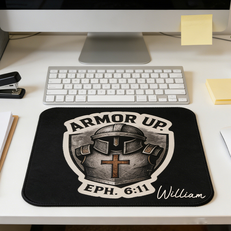 Personalized Armor Up Mouse Pad with Custom Name Christian Knight Helmet and Shield Mouse Pad Religious Gift Christian Gift for him