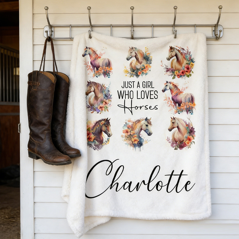 Personalized Horse Blanket Name Just A Girl Who Loves Horse Lover Gift For Daughter Kids Equestrian Themed Throw Blanket for Riding Lovers Equestrian Lovers