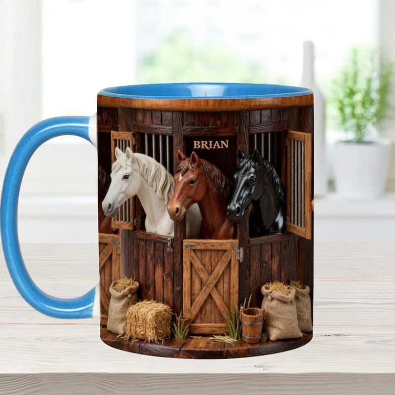 Personalized Horse Farm Accent Mug Horses In Stable Ceramic Cup Gift for Equestrian Horse Riding Lovers