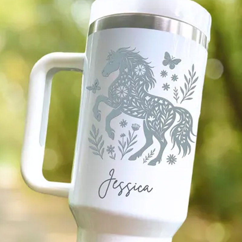 Personalized Floral Horse Tumbler Western Cowgirl Cup with Handle Custom Equestrian Gift for Riding Love