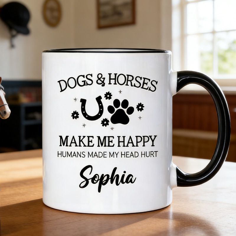 Personalized Equestrian Coffee Mug Dogs and Horses Make Me Happy Mug for Equestrian Horse Riding Lovers