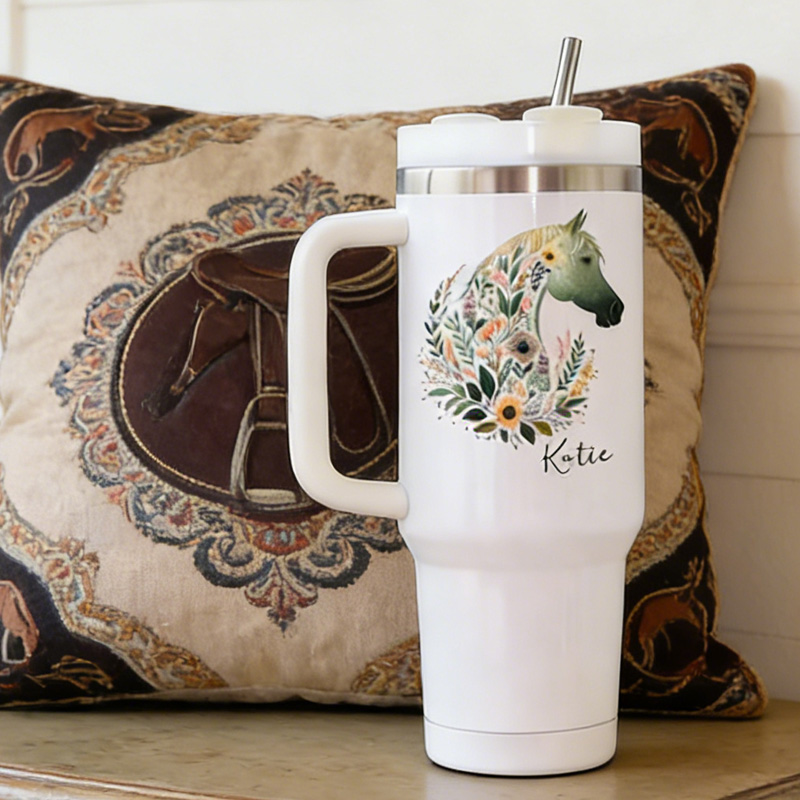 Personalized Boho Floral Horse Tumbler with Handle Travel Trainer Equestrian Gift for Riding Lover
