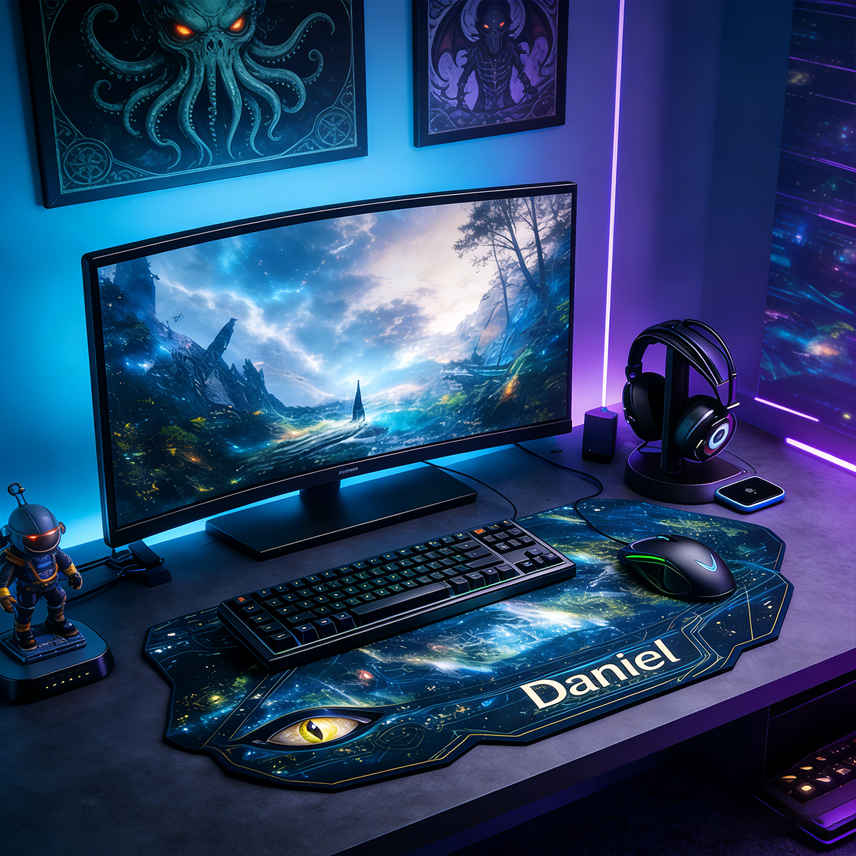 Personalized Custom Cosmic Dragon Eye Extended Mouse Pad Personalized Irregular Galaxy Desk Mat Sci-Fi Fantasy Gamer Accessory