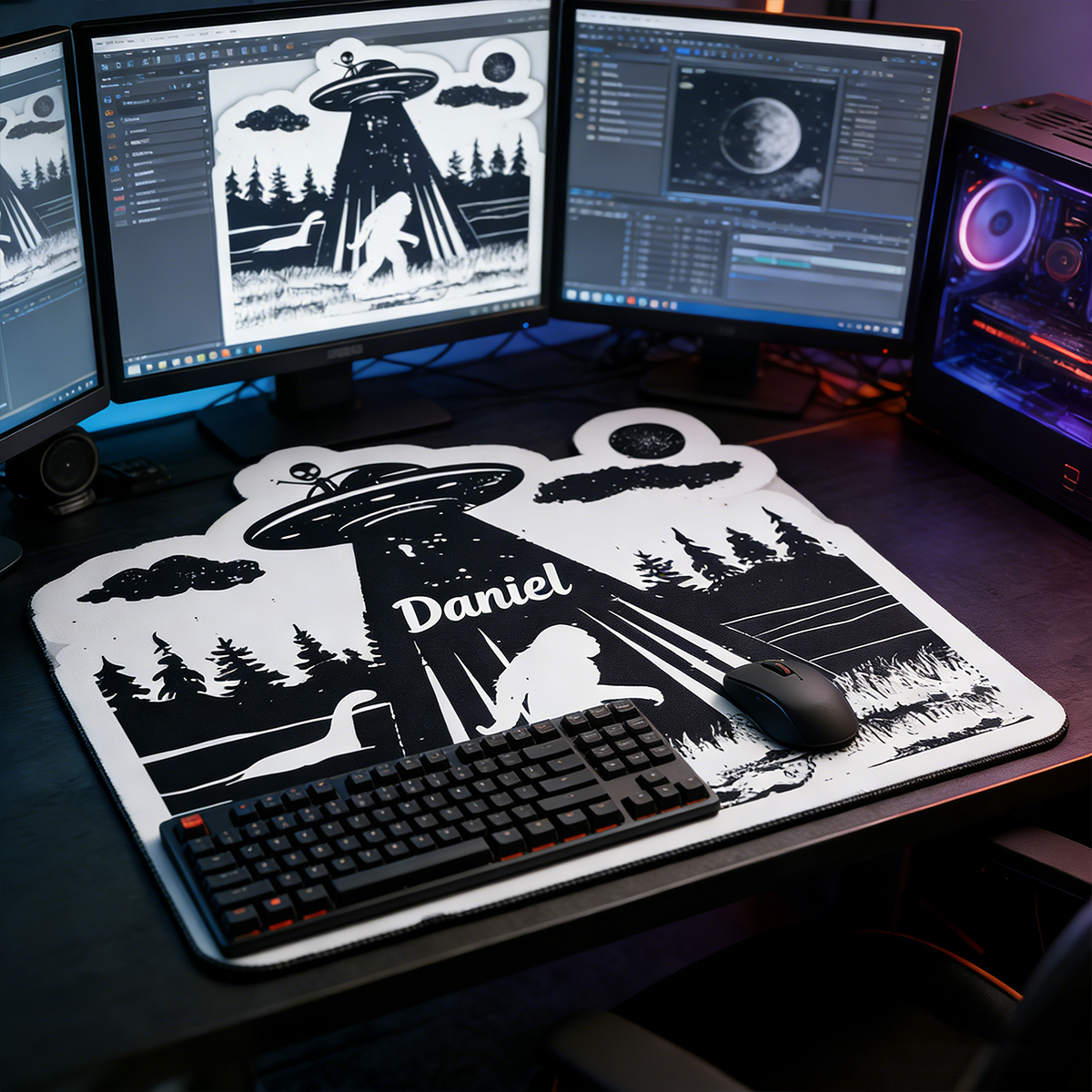 Personalized Custom UFO Bigfoot Irregular Mouse Pad Personalized Cryptid Conspiracy Desk Mat Retro Alien Abduction Gamer Accessory