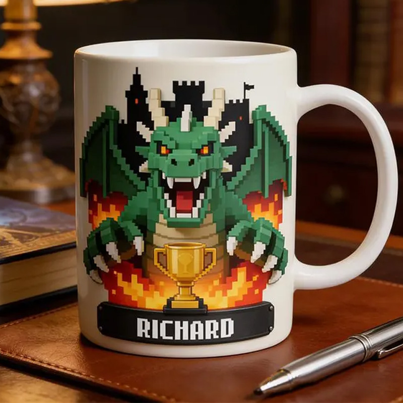 Personalized Flat Dragon Hero Gamer Video Game Mug Coffee Cup for Nerdy Geek Lover