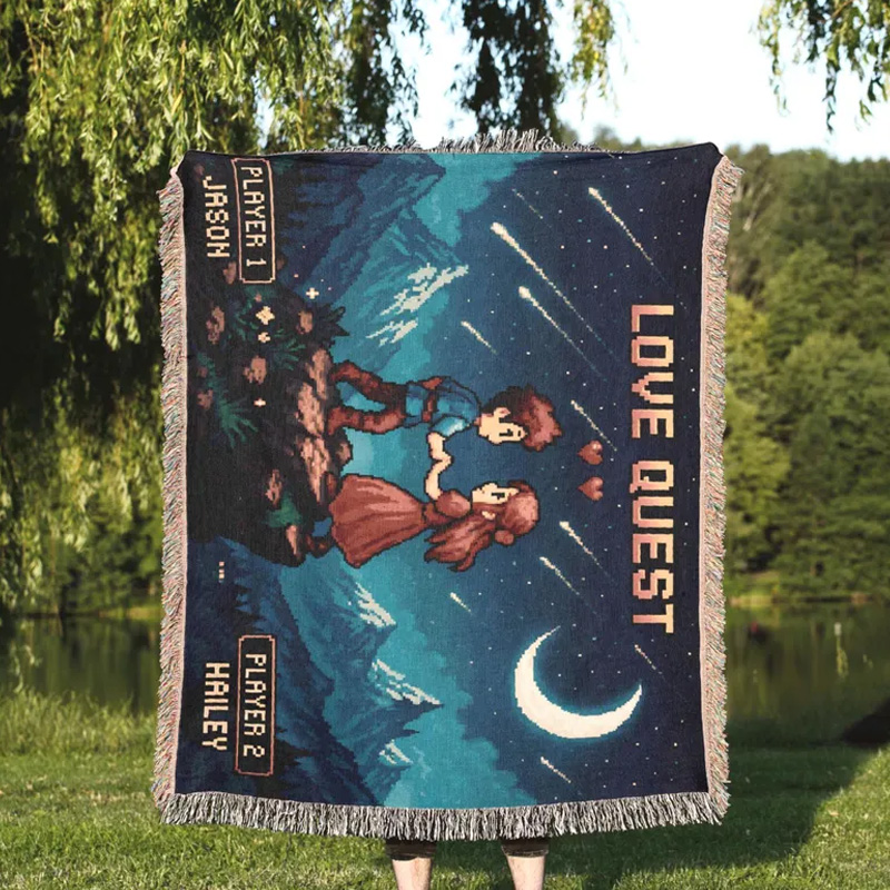 Personalized Gamer Couple Blanket Pixel Art Throw for Nerdy Wedding Couple Geek Lover