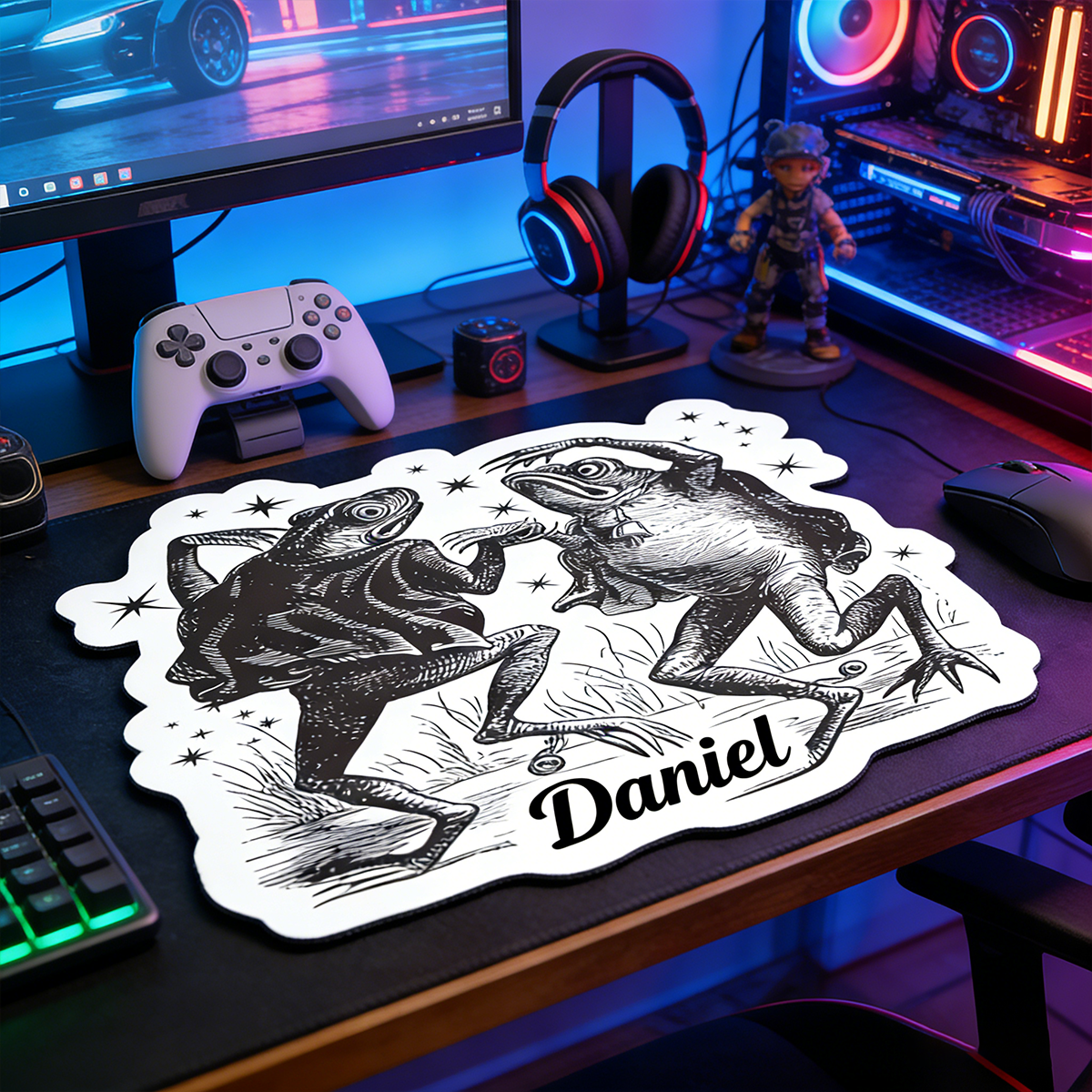 Personalized Custom Vintage Fighting Frogs Irregular Mouse Pad Personalized Gothic Toad Desk Mat Whimsical Dark Art Gamer Accessory