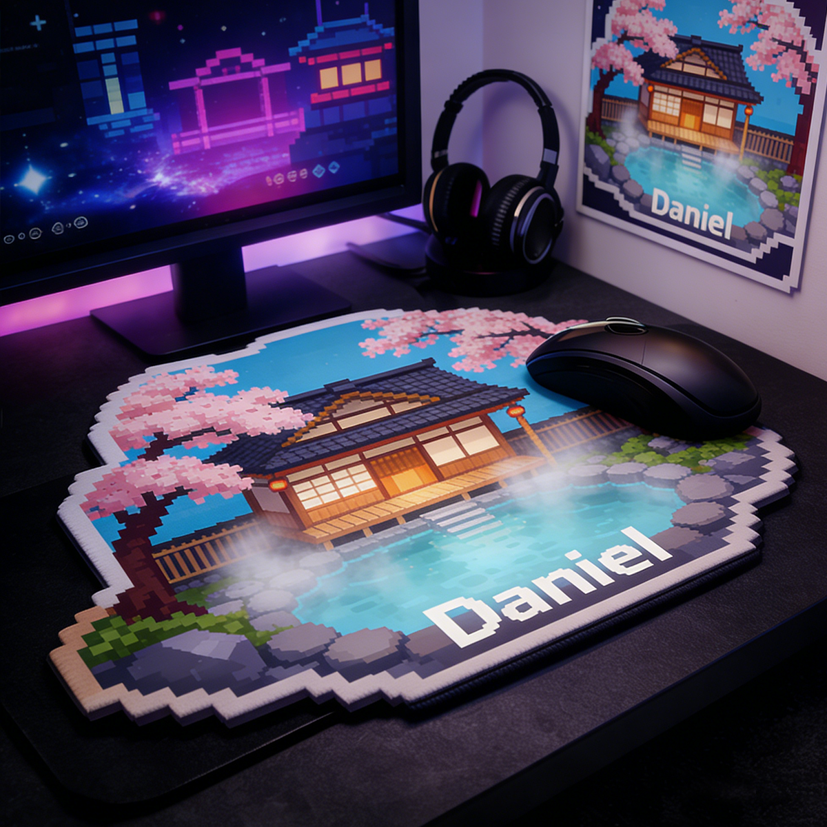 Personalized Custom Pixel Art Japanese Onsen Mouse Pad Personalized Retro 8-Bit Desk Mat Cherry Blossom Spa Gamer Accessory