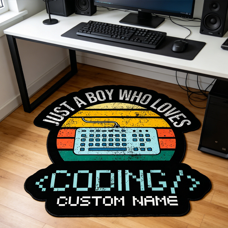 Personalized Retro IT Just A Boy Who Loves Coding Graphic Rug Doormat Kids Nerd Bedroom Playroom Rug Gifts for Geek Lover
