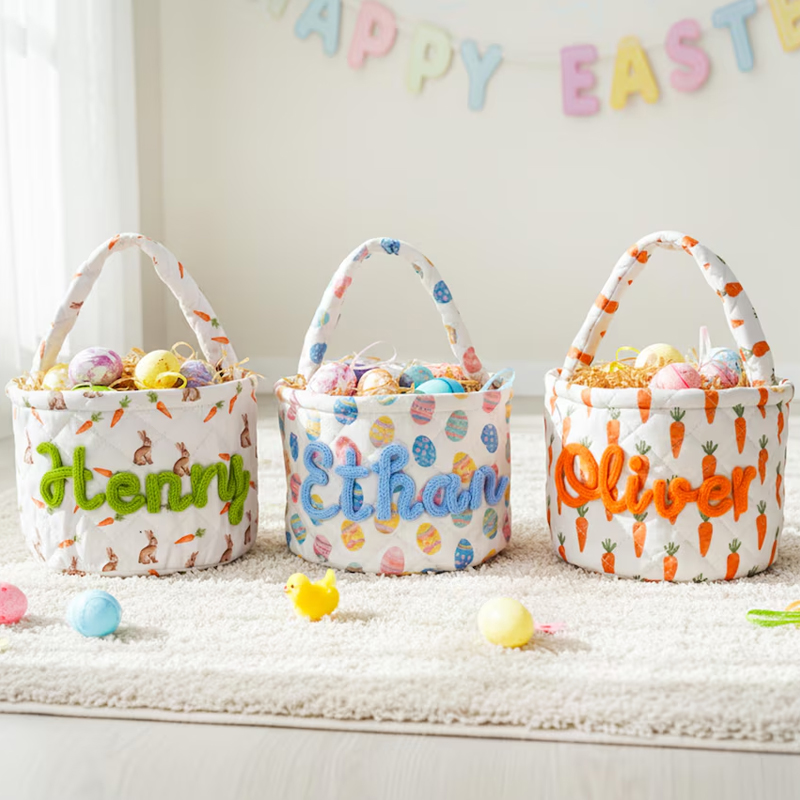 Personalized Easter Basket Quilted Spring Egg Hunt Bucket Boys Girls Bunny Easter Baskets gift for kids Custom Name Basket Easter Decor