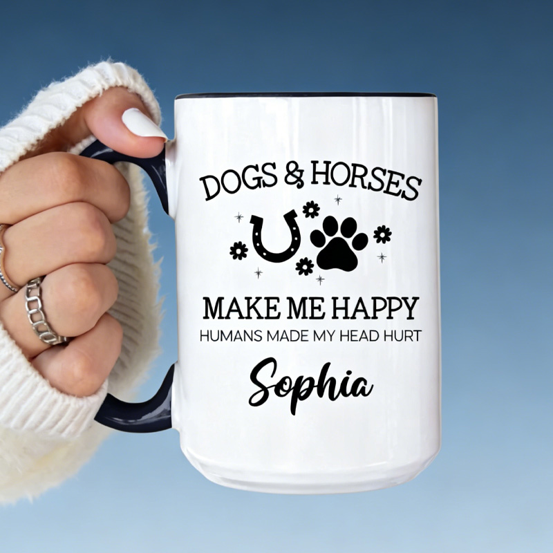 Personalized Dogs and Horses Make Me Happy Mug for Equestrian Horse Riding Lovers