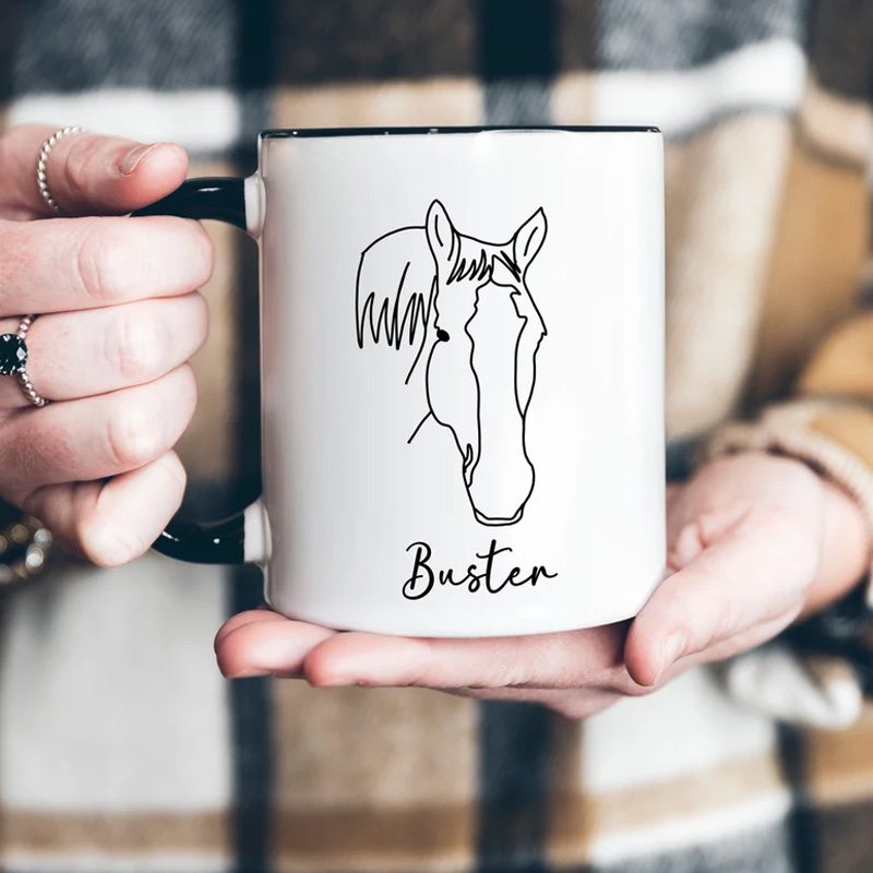Personalized Horse Face Line Drawing Photo Mug for Equestrian Horse Riding Lovers