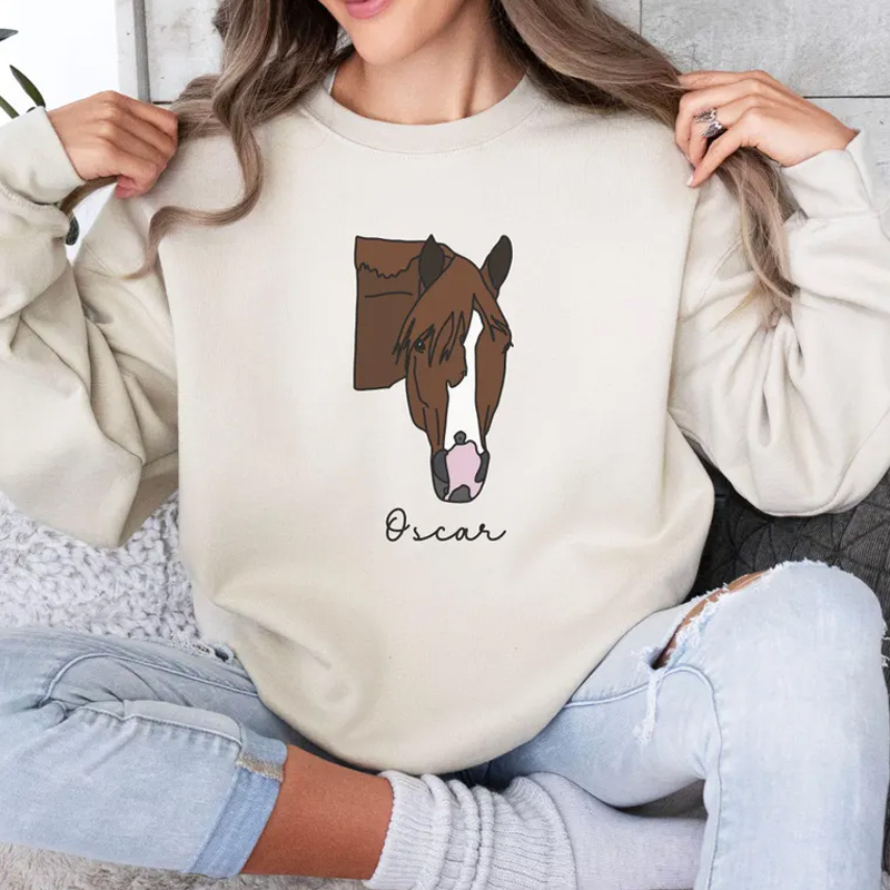 Personalized Horse Photo Line Drawing Sweatshirt Crewneck Equestrian Shirt Horseback for Riding Lovers