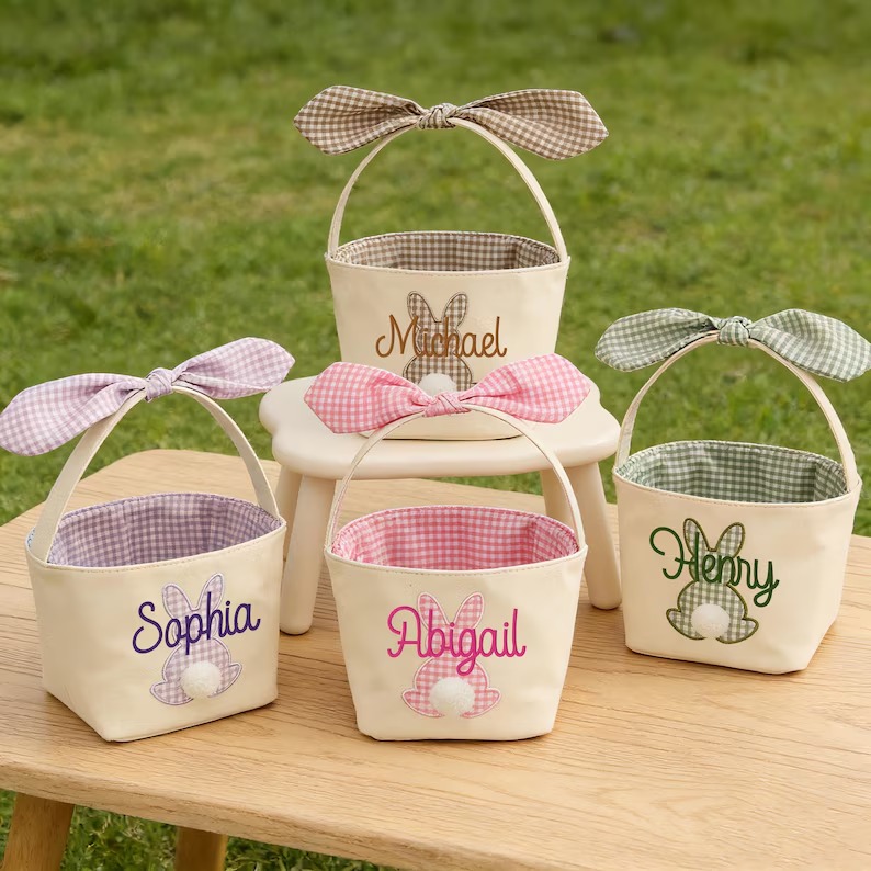 Personalized Easter Basket Embroidered Name Bunny Rabbit Basket Easter Egg Hunt Basket Easter Gift for Kid