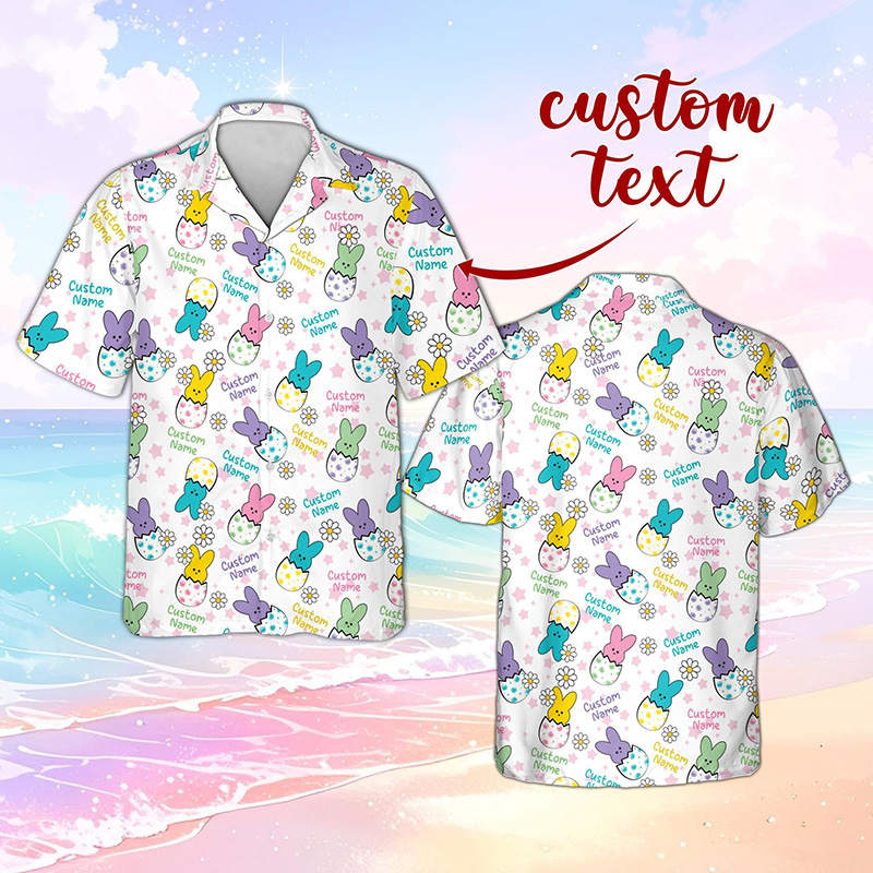 Personalized Easter Bunny Hawaiian Shirt with Name Custom Bunny Egg Shirt for Men Cute Spring Floral Rabbit Pattern Easter Gift for Husband Boyfriend