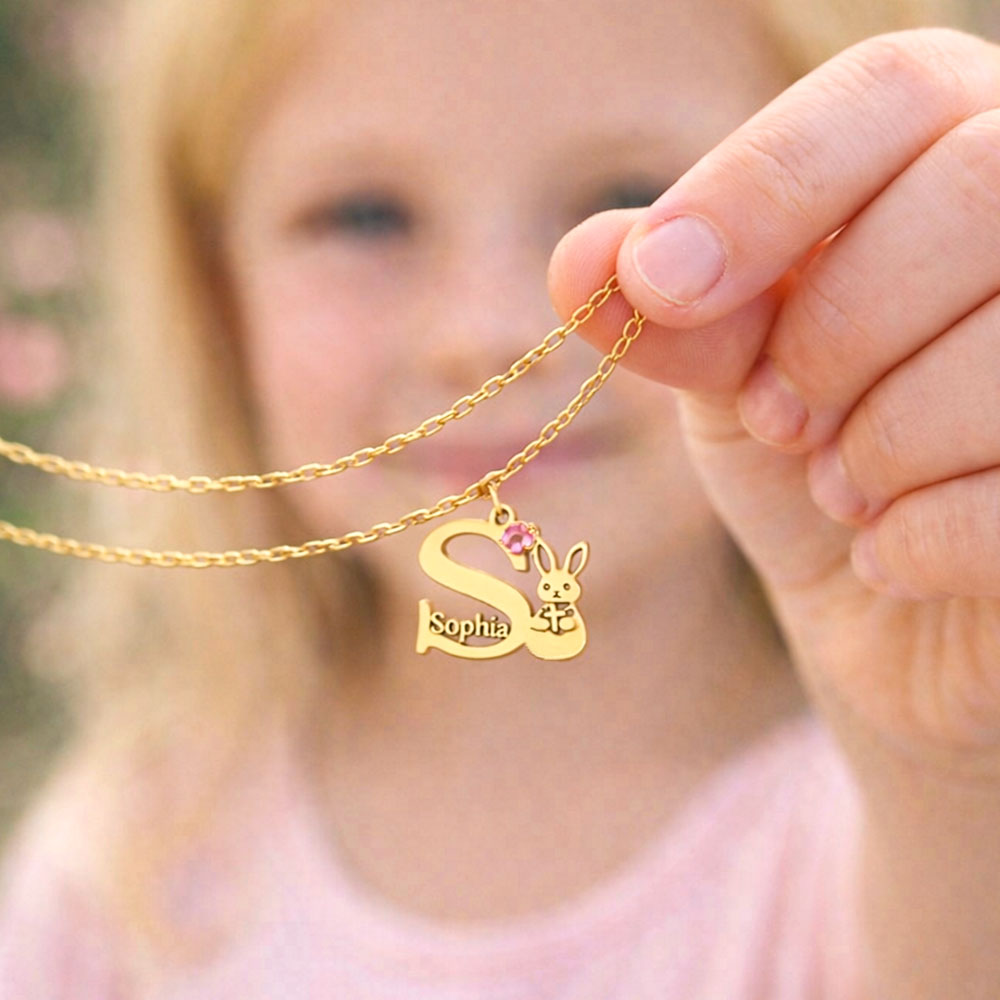 Kids Easter Bunny Birthstone Necklace Birthday Gift for Kids Personalized Jewelry Gifts