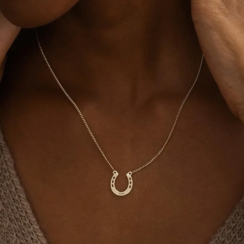 Personalized Horseshoe Charm Necklace with Name Jewelry Cube Gift for Equestrian Riding Lovers