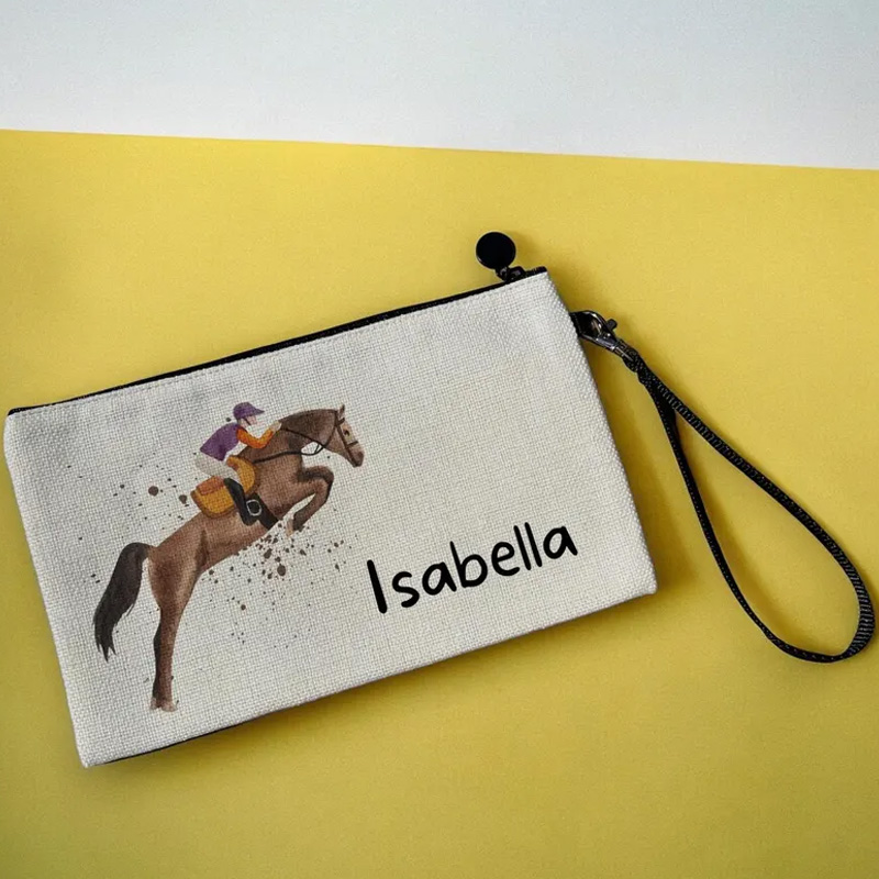Personalized Brown Horse Makeup Bag Pencil Case Equestrian Cosmetic Bag Horse Lover Gift Linen Zipper Pouch for Riding Lovers