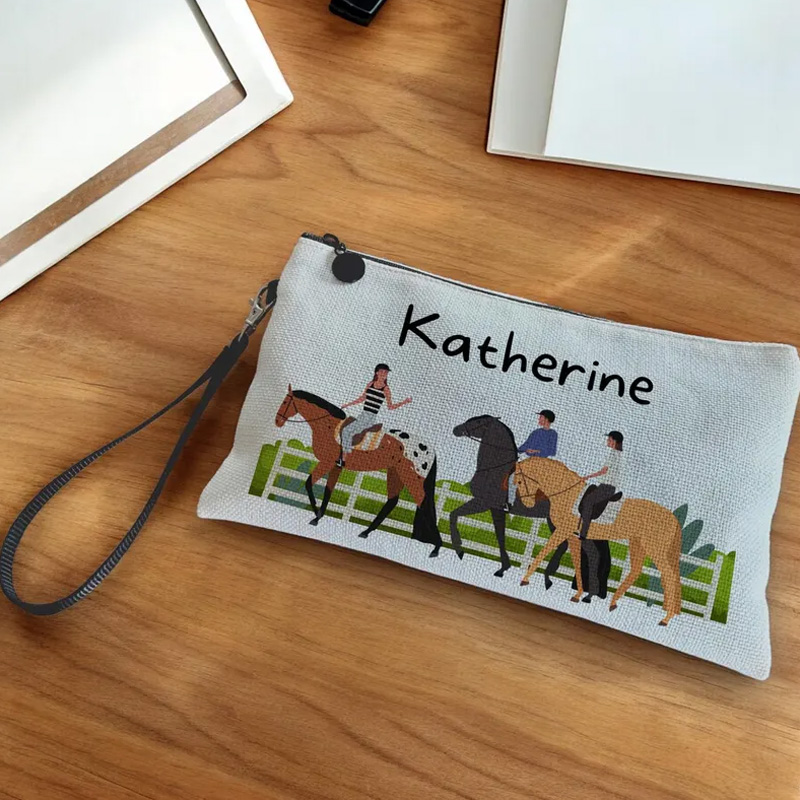 Personalized Horse Makeup Bag Pencil Case Equestrian Cosmetic Bag Horse Lover Gift Linen Zipper Pouch for Riding Lovers