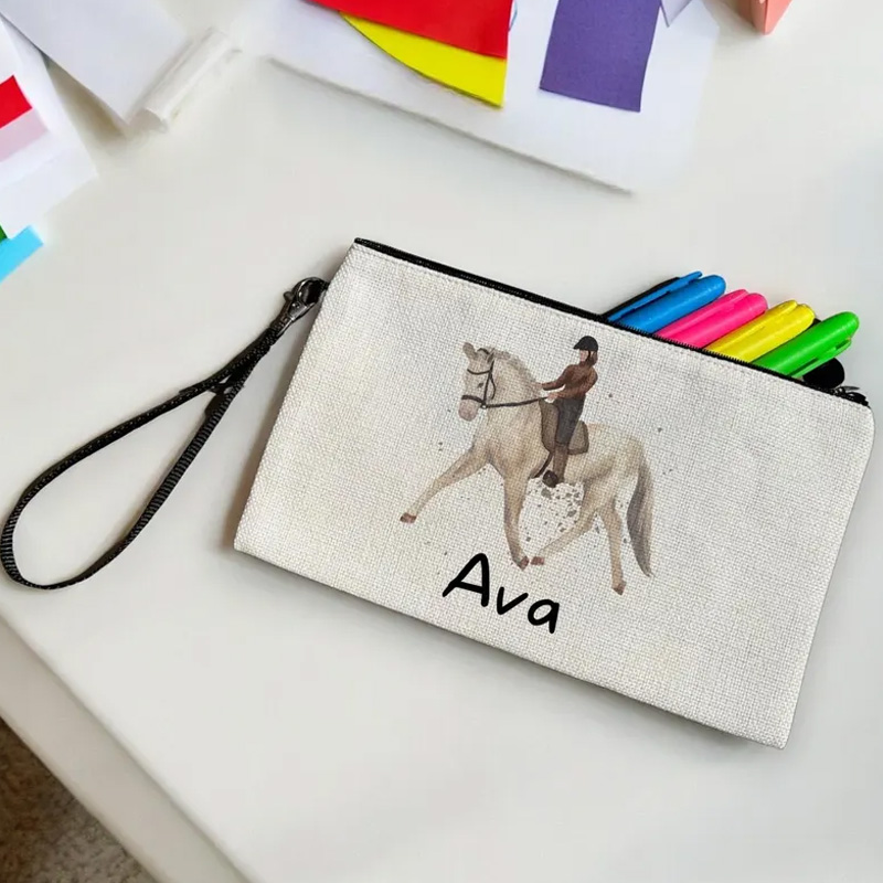 Personalized Horse Riding Makeup Bag Pencil Case Equestrian Cosmetic Bag Horse Lover Gift Linen Zipper Pouch for Riding Lovers