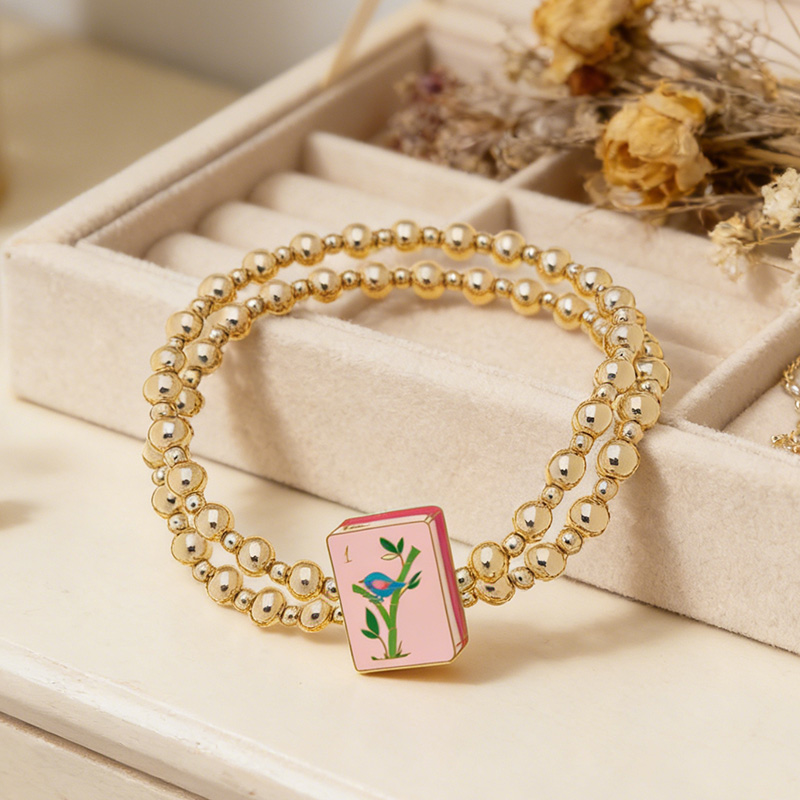 Mahjong 2 Row Ball Bead Stretch Bracelet in Shiny Gold