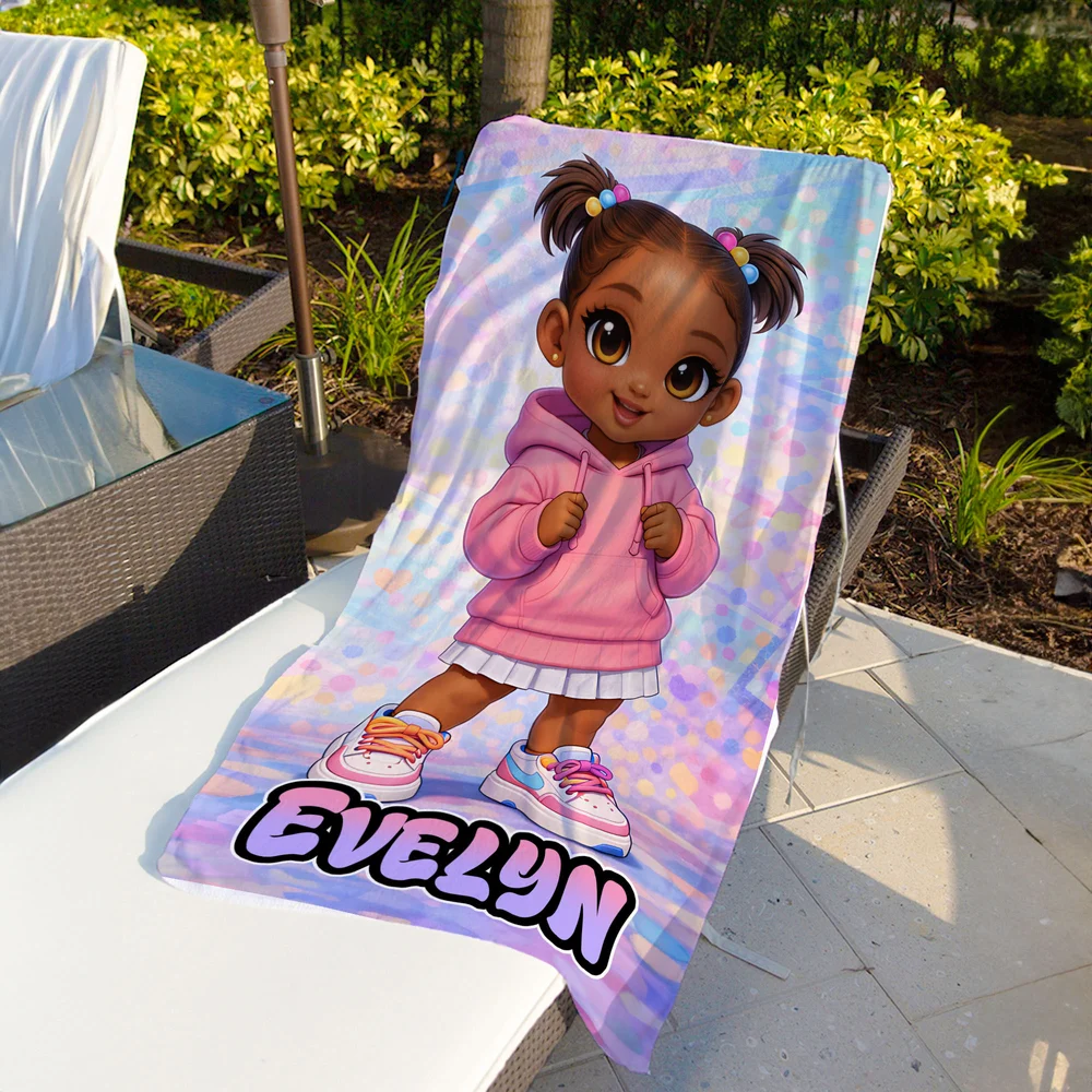 Personalized Cartoon Black Girl Quick Dry Oversized Beach Towel with Name Beach Party Birthday Gift for Girl 