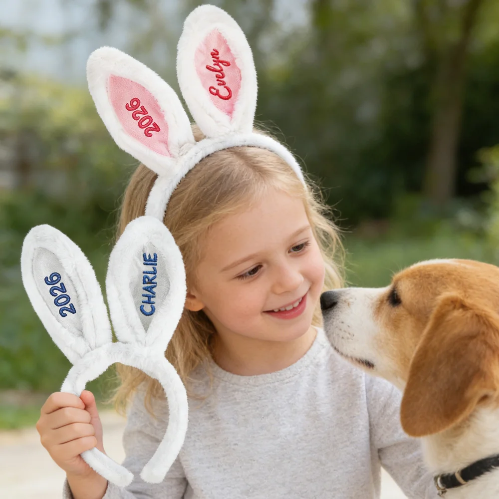 Personalized Cute Rabbit Ears Hairband with Embroidery Name and Year Easter Party Birthday Gift for Kids