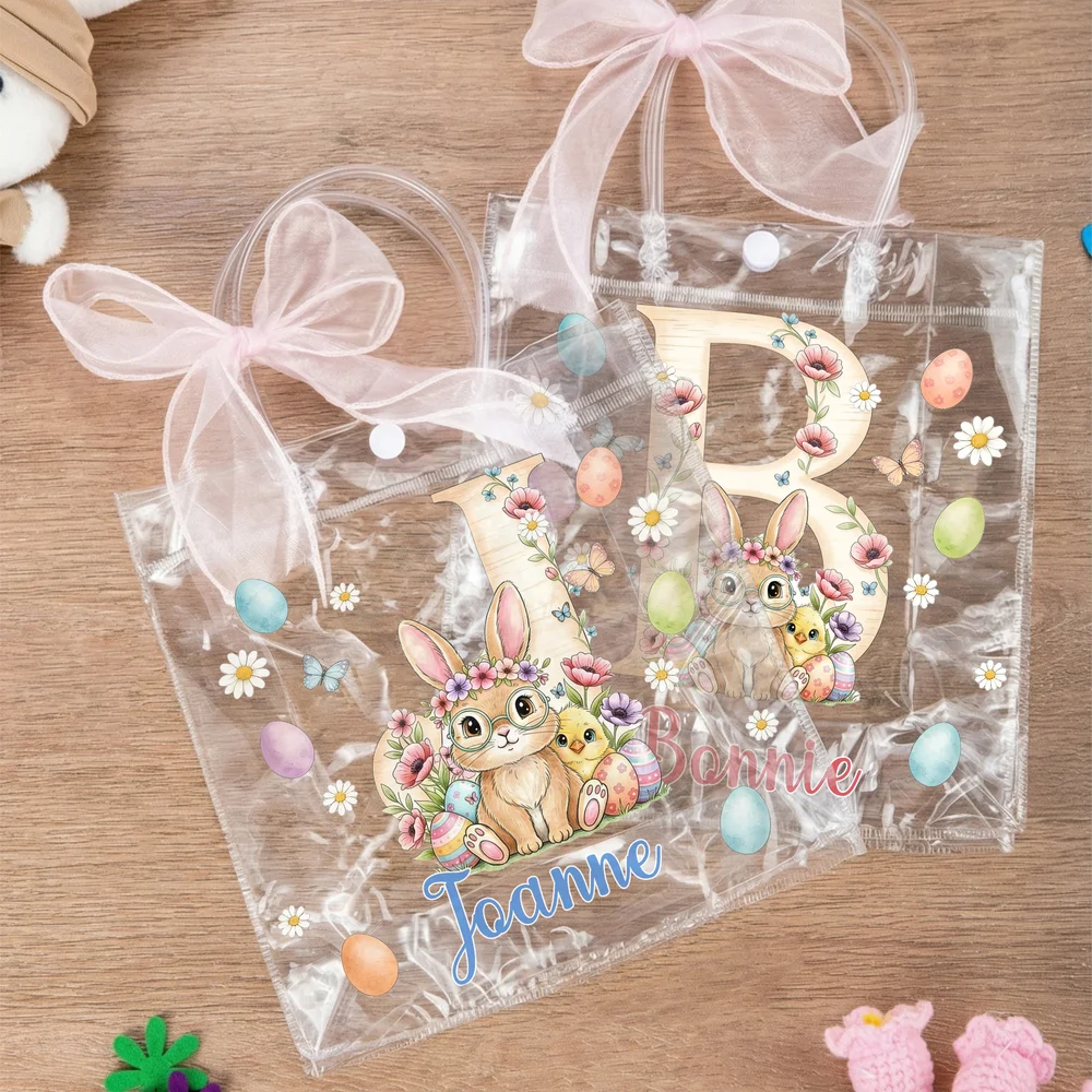 Personalized Pink Bow Ribbon Colorful Easter Eggs Rabbit Chicks Clear Gift Bag with Name and Initial Easter Party Favors Gift for Kids
