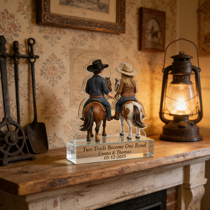 Personalized Cowboy Couple Horse Riding Acrylic Plaque Two Trails Become One Road Anniversary Gift for Riding Lovers