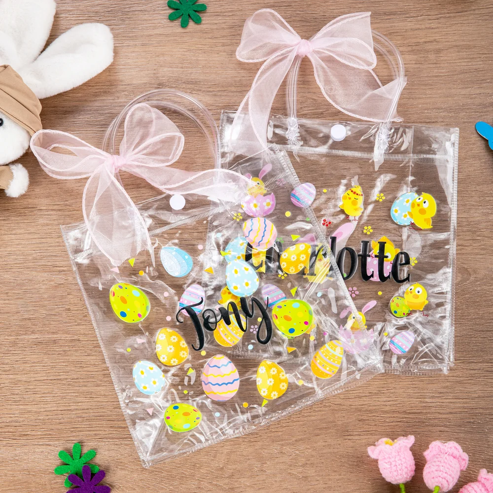 Personalized Pink Bow Ribbon Colorful Easter Eggs Chicks Clear Gift Bag with Name Holiday Treat Packaging Easter Party Favors Gift for Kids