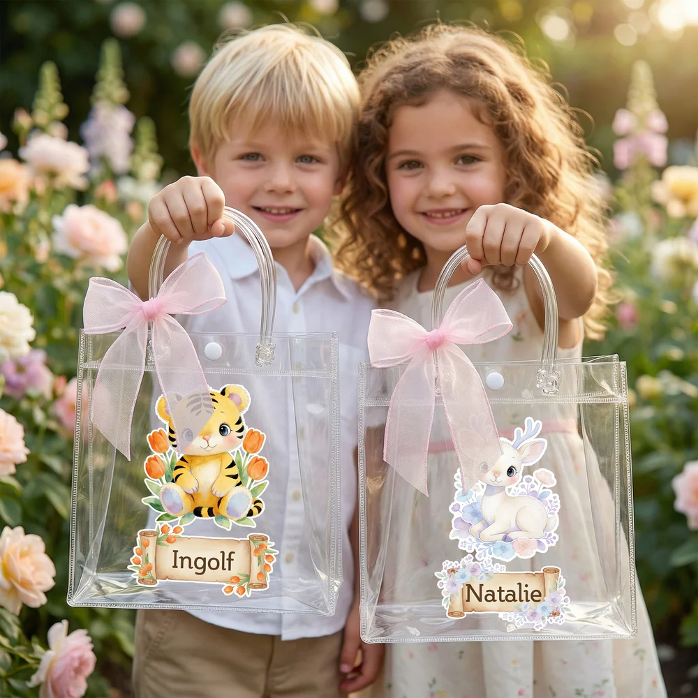 Personalized Floral Animals Clear Gift Bag with Name and Pink Bow Ribbon Holiday Treat Packaging Easter Party Favors Gift for Kids