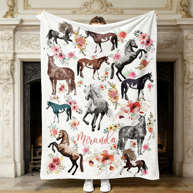 Personalized Flower Horses Throw Blanket Gift for Riding Lovers Equestrian Lovers