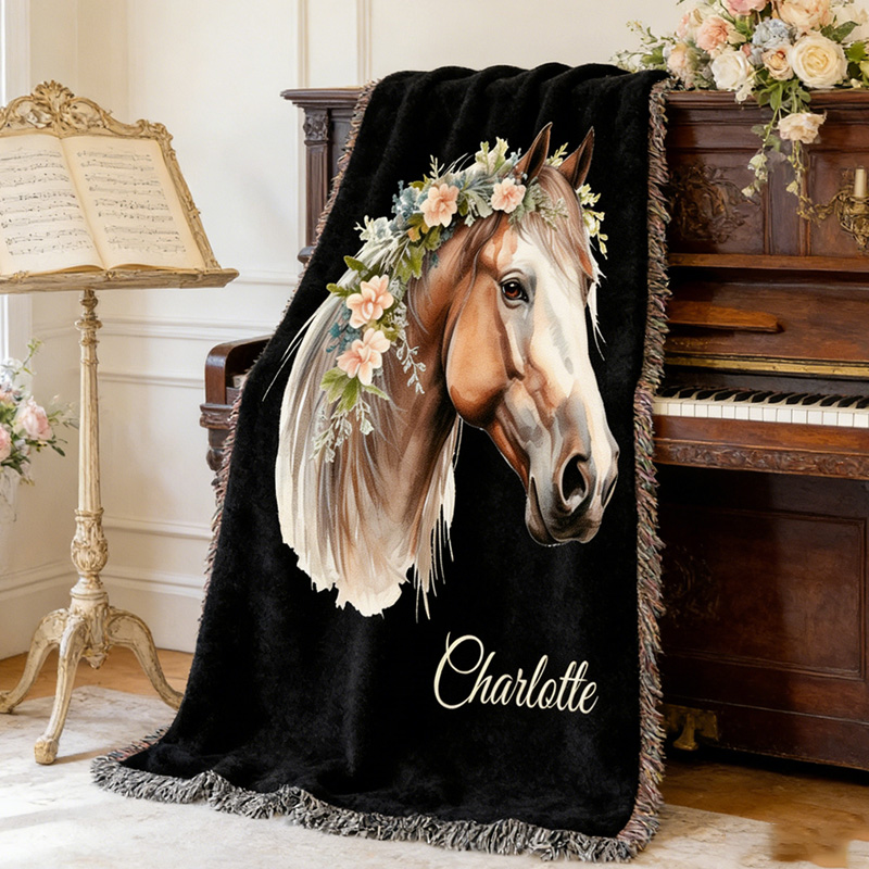 Personalized Horse Woven Blanket with Floral Crown for Equestrian Riding Lovers