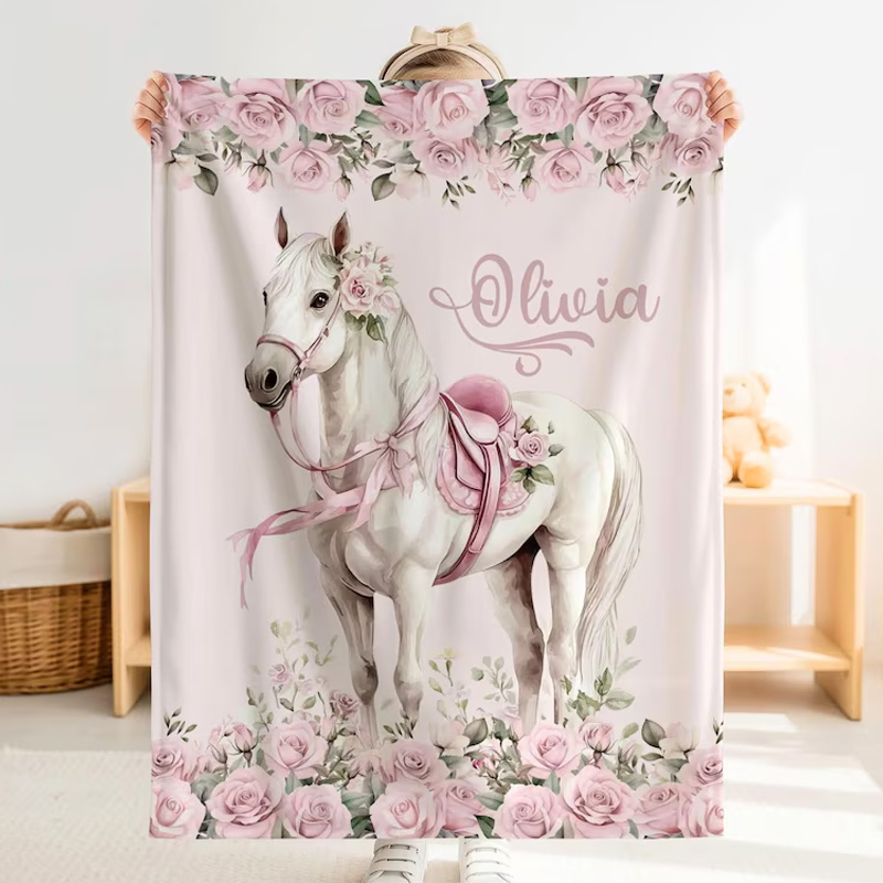 Personalized Pink Rose Floral Baby Throw Blanket Gift for Riding Lovers Equestrian Lovers